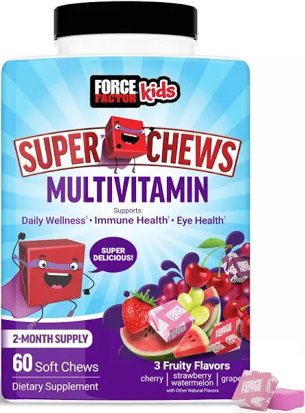 Kids Multivitamin Super Chews, Gummies Alternative with 18 Vitamins, Minerals, & Antioxidants, Multi-Flavor, 60 Chews by Force Factor