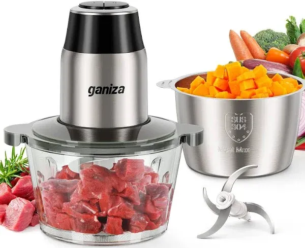 Ganiza Food Processor, 2-Speed Food Chopper Meat Grinder with 8 Cup Stainless Steel & 8 Cup Glass Bowls, Upgraded Button & Smart Overheat Protection Light - Includes Clean Brush, 2 Sets of Blades