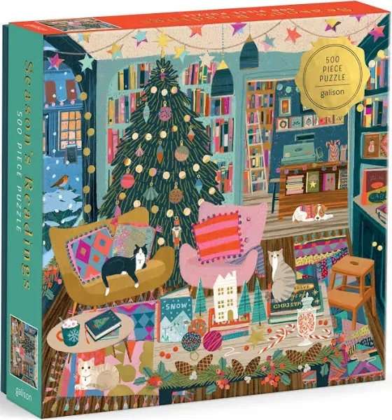 Galison Season's Reading – 500 Piece Foil Jigsaw Puzzle Featuring Beautiful Artwork of A Cozy Christmas Bookshop Scene with Gold Foil Accents