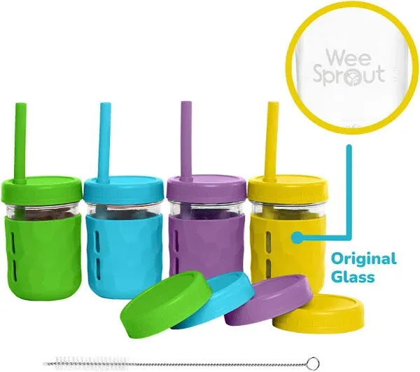 WeeSprout Glass Cups With Lids & Straws Spill-Resistant Cups for Toddlers & Kids