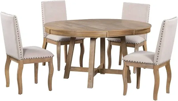 5-Pcs Farmhouse Dining Table Set Round Extendable Wood 4 Upholstered Chairs