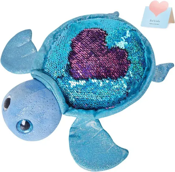 Athoinsu 12'' Blue Turtle Stuffed Animal Soft Plush Toy Pillow with Reversible Glitter Sequins Sparkle Birthday Children