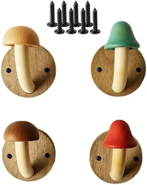 Wooden Mushroom Coat Hooks, Wall Mounted Towel Hanger, Solid Wood, Colorful, Set of Hooks with Screws (4 Hooks & 8 Screws)