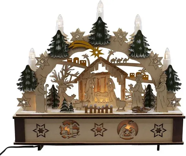 Kurt Adler 11" Battery-Operated Light-Up Wooden Nativity Scene with Candles