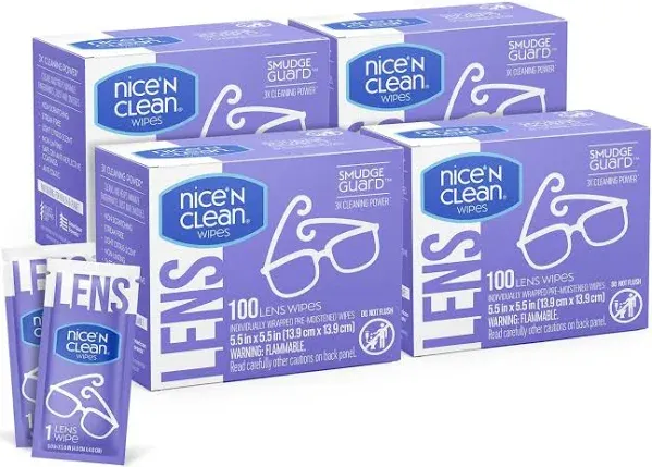 Nice 'n Clean SmudgeGuard Lens Cleaning Wipes (100 Total Wipes) | Pre-Moistened Individually Wrapped Wipes | Non-Scratching & Non-Streaking | Safe for Eyeglasses, Goggles, & Camera Lens