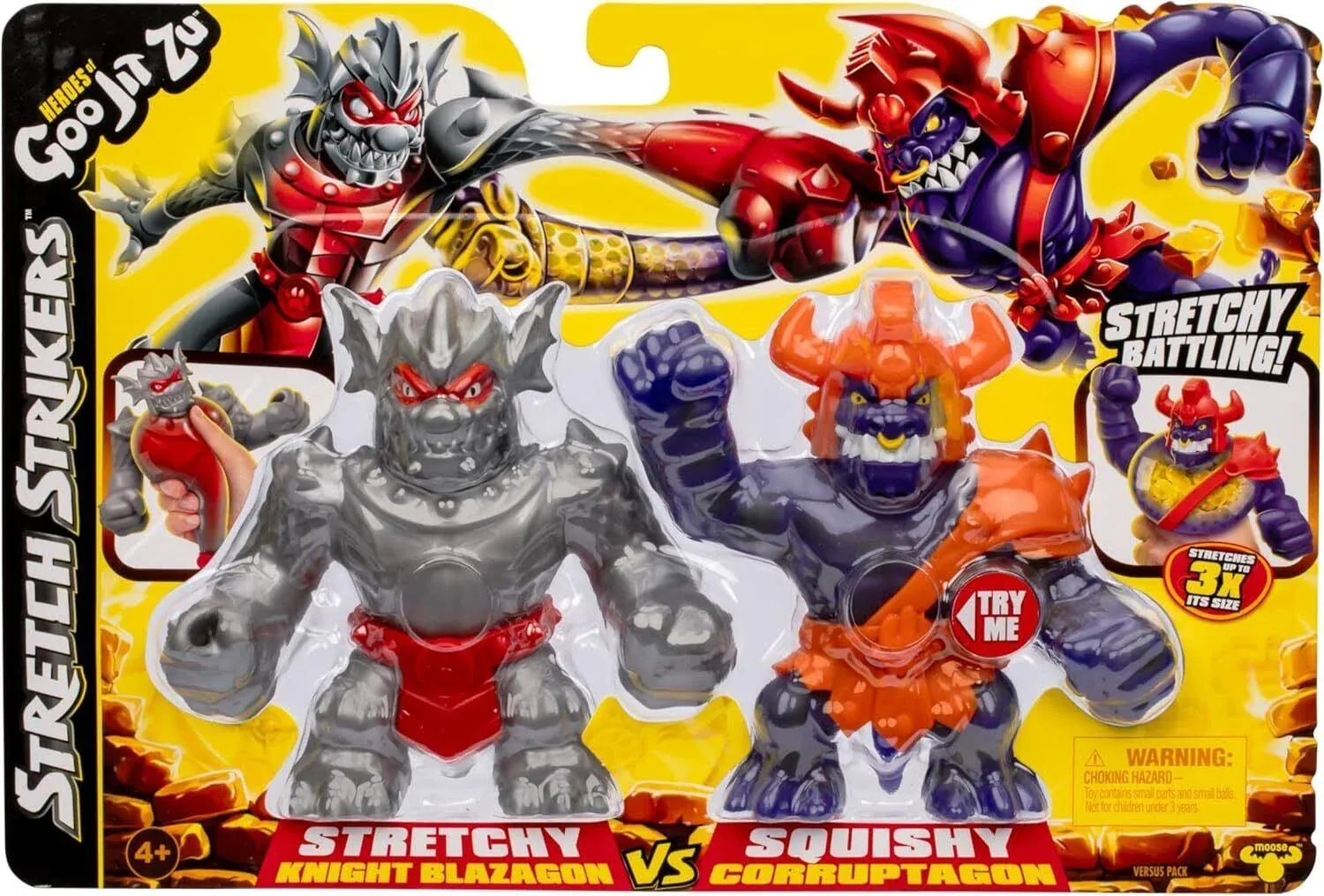 Heroes of Goo Jit Zu Stretch Strikers Versus Pack, Stretchy Action Figures, Stretchy Knight Blazagon VS Squishy Corruptagon