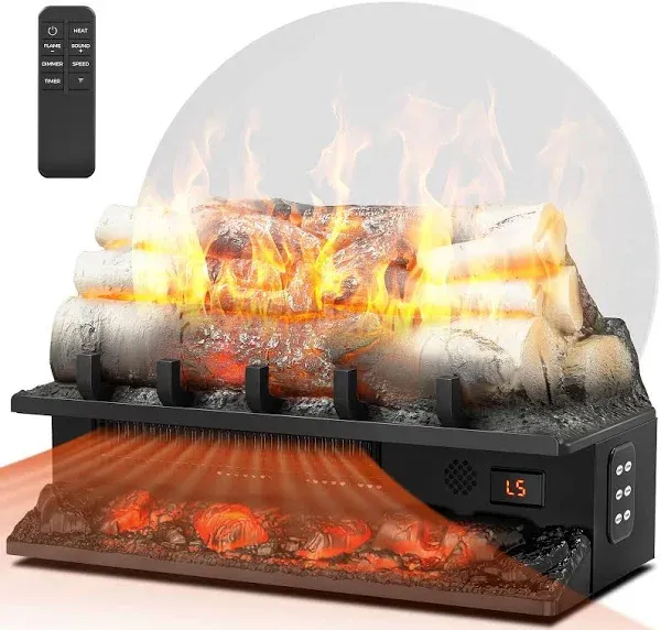 Joy Pebble Electric Fireplace Log Heater 750W/1500W, 20" Electric Fireplace Insert Log Set, Adjustable 5 Flame Brightness&Speed,4 Sound of Flame,Remote Control&8H Timer for Home Room