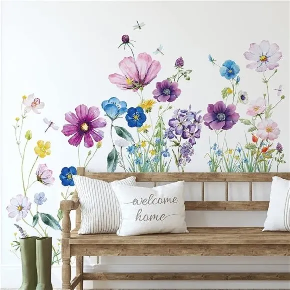 Flowers Wall Decals Vinyl Dragonflies Flowers Wall Stickers Removable Floral Wal