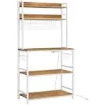 VASAGLE Hutch Bakers Rack with Power Outlet, Rustic Walnut + White