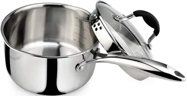 Tri-Ply Stainless Steel Saucepan with Glass Strainer Lid, Two Side Spouts, Er...