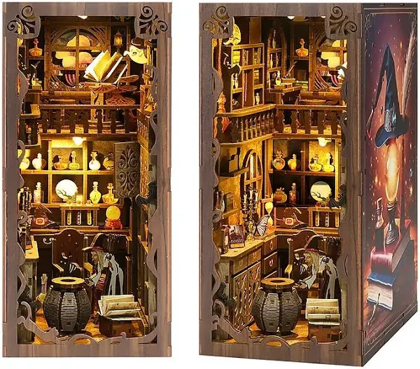 Book Nook Kit, DIY Booknook Led Dollhouse Miniature Kit Shelf Insert 3D Wooden Puzzle Bookend Decor Alley with Led Light Crafts for Adults and Teens