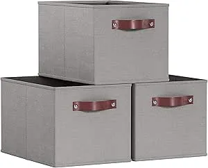 3 Pack Collapsible Shelf Basket Rectangle Storage Bins with Faux Leather Handles, X Large Foldable Fabric Shelf Storage Basket Closet Organizer and Storage Box for Clothes, Gray