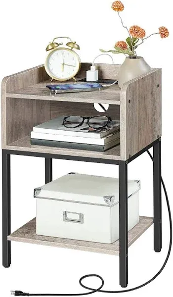 HOOBRO End Table with Charging Station, Nightstand with Open Drawer and Storage Shelves, Narrow Side Table with USB Ports and Outlets, Bedside Sofa Side Table for Bedroom, Rustic Brown BF381BZ01