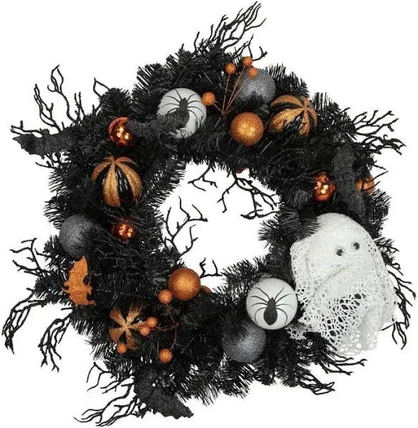 Northlight Orange Ornaments and Ghost Halloween Pine Wreath Unlit, 24", Black