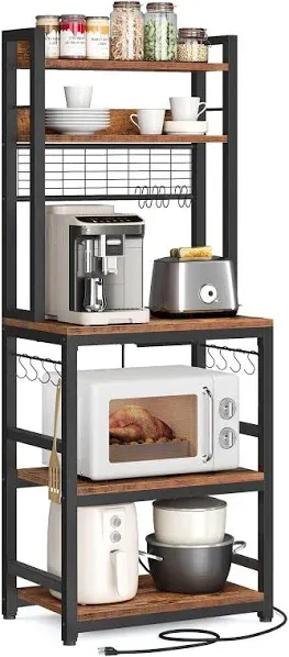 VASAGLE Hutch Bakers Rack with Power Outlet 14 Hooks Microwave Stand