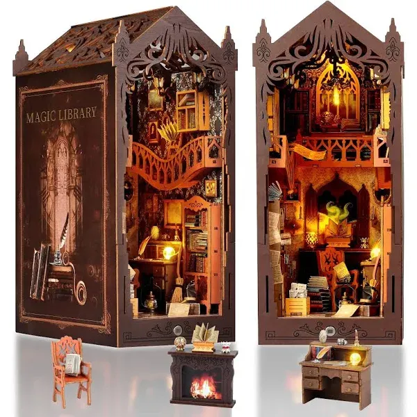 Luuwik Book Nook Kit, DIY Booknook Led Dollhouse Miniature Kit Shelf Insert 3D Wooden Puzzle Bookend Decor Alley with Led Light Crafts for Adults and