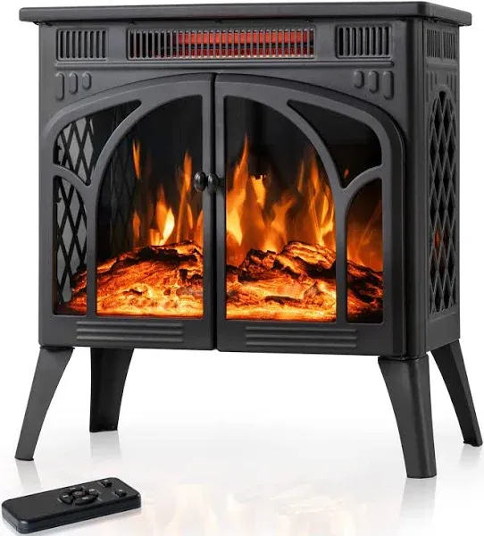 24Inch Electric Fireplace Stove , Free-Standing Infrared Fireplace Stove, Controllable 3D Flame, 4 Variable Flame&Log Colors, 1500w, 5100BTU, Black (S230B-BLACK), 23.5"L X 10.7"W X 24.3"H