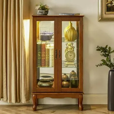 Glass Curio Diapaly Cabinet Lighted Curio with Adjustable Shelves and Mirrored Back Panel,Tempered Glass Doors,3 Tier