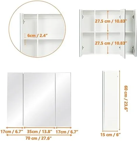 Medicine Cabinet Bathroom Mirror Cabinet with 3 Door 27.6 X 24 Inch Bathroom Wal