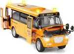 9" Pull Back School Bus,Light Up & Sounds Die Cast Metal Toy Vehicles with Bright Yellow and Openable Doors