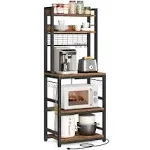 VASAGLE Hutch Bakers Rack with Power Outlet, 14 Hooks Microwave Stand, Adjustable Coffee Bar with Metal Wire Panel, Rustic Brown and Black UKKS037B01