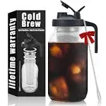 Cold Brew Mason Coffee Maker - 64oz Iced Coffee Pitcher with Stainless Steel Mixing Spoon & Super Dense Filter 3 Steps Finish Cold Brew Coffee Classi