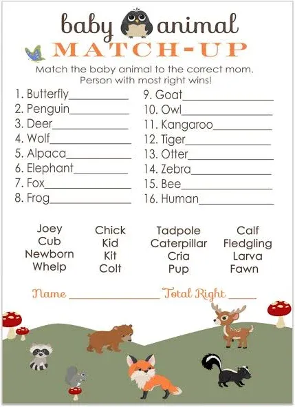 Paper Clever Party Woodland Animal Match Baby Shower Game