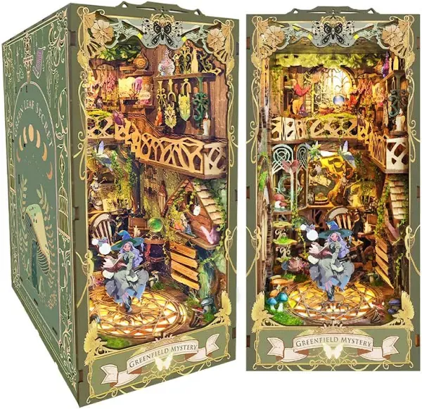 Diy Wooden Magic House Book Nook Shelf Insert Kits Miniature Green World Bookends ...