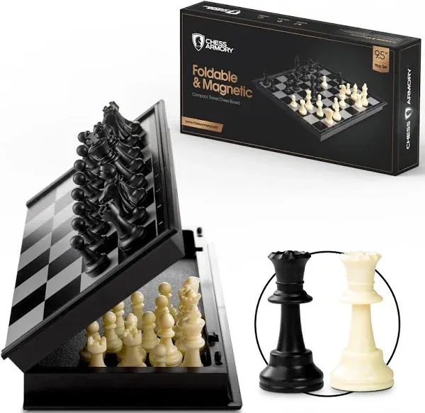 Chess Armory Magnetic 9.5 Inches Travel Chess Set - Folding Board with Storage Box & 2 Extra Queen.