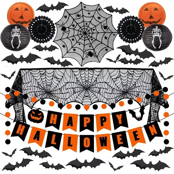 Halloween Decorations Indoor Set, Paper Lanterns & fans, Halloween Fireplace Mantel Scarf, Spiderweb Tab Runner, Halloween Banner, 60 Pcs Scary 3D Bat Sticker, Halloween Party Spooky Home Decor