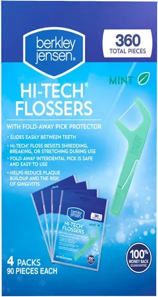 Berkley Jensen  Hi-Tech Flossers Mint 4 Packs 90 Pieces Each - 360 Total Pieces