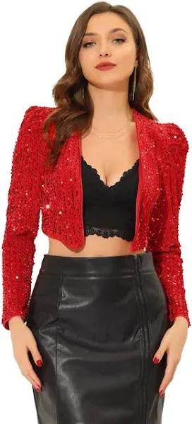 Women's Party Shiny Sequin Long Sleeve Open Front Shrug Cropped Jacket