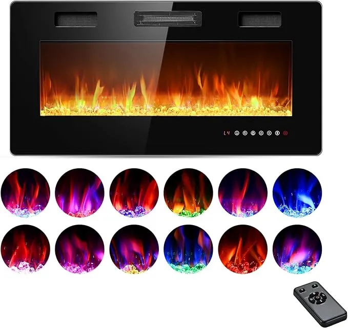 Rintuf Electric Fireplace Inserts, 36” Recessed & Wall Mounted Fireplace Heater for Indoor Use with Timer, Touch Screen, Adjustable Flame Color/Speed, Remote Control, Overheat Protection, 750/1500W