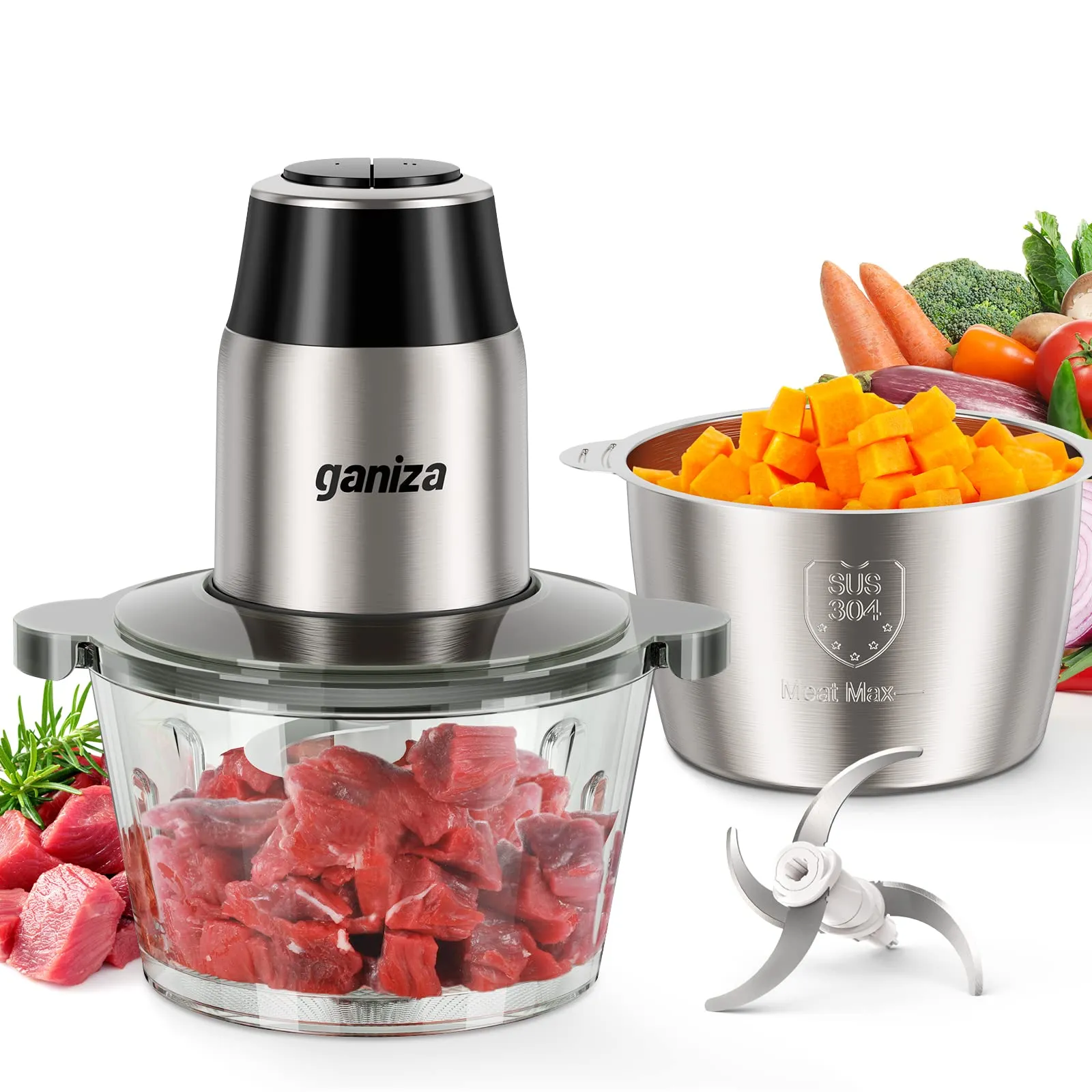 Food Processors, Electric Chopper with Meat Grinder &amp; Veggie Chopper - 2 Bowls (