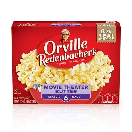 Orville Redenbacher’s Movie Theater Butter Flavored Microwave Popcorn, Gluten Free, 6 Count Popcorn Bags (6 Boxes)