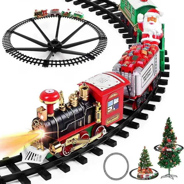 Electric Train Set for Kids, Battery-Powered Train Toys with Light & Sound, Railway Kits w/ Steam Locomotive Engine, Cargo Cars & Tracks, Classic Christmas Train Set for 3 + Years Old Kids