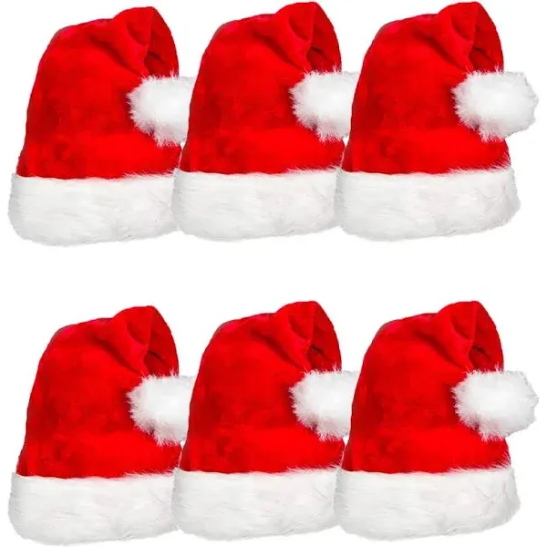 AISENO 6 Pcs Plush Santa Hats, Christmas Hats for Party, Adult size Xmas Holiday Hat for Unisex Kids Party Supplies