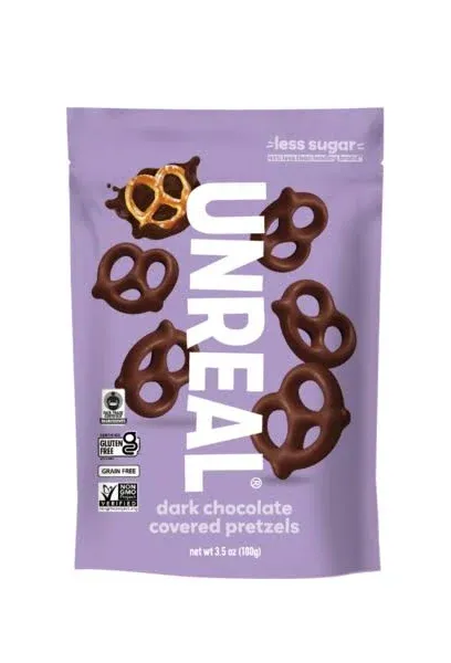 UNREAL Dark Chocolate Covered Pretzels, 7g Sugar, Chocalate Candy Treat Bag, Gluten Free, Fair Trade, Non-GMO, Value Size, 3.5oz (Pack of 3)