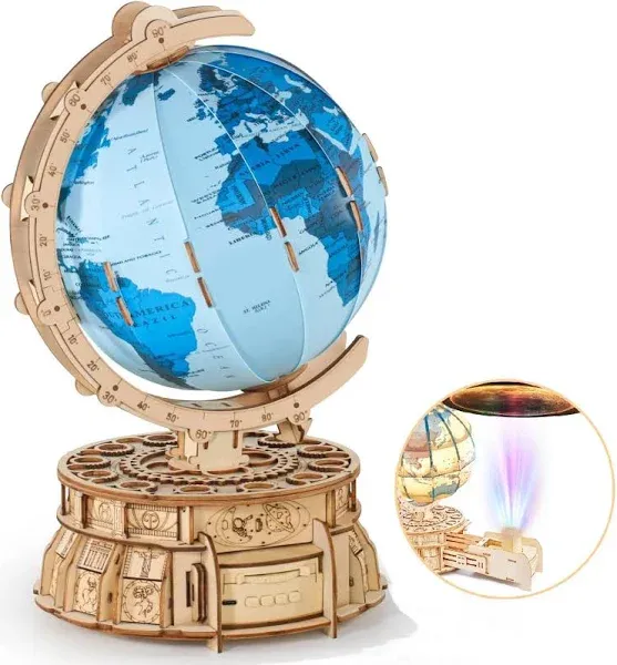 3D Wooden Globe Puzzles for Adults - 188pcs 3D Puzzles Model Kit Built-in LED Music Box with Projection Stem Toys Gifts for Adults/Teens