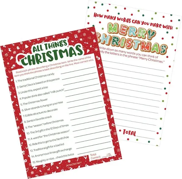 Christmas Cheer: Christmas Party Games - All Things Christmas and Christmas Anagram - Two Game Bundle - 25 Dual Sided Game Cards