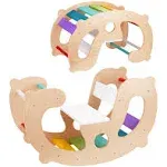 2 in 1 Rainbow Climbing Toys - Pikler Montessori Climbing Set, Wooden Rocking Horse Toy, Children Indoor Outdoor Play Gym Learning Playset, Playground for Kids Present