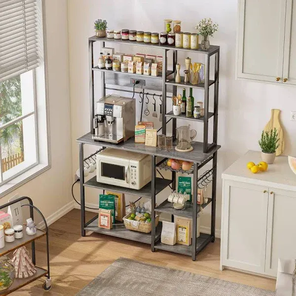 Large Bakers Rack 6-Tier Microwave Stand Coffee Bar 12 S-Shaped Hooks Kitchen Shelf Wire Basket