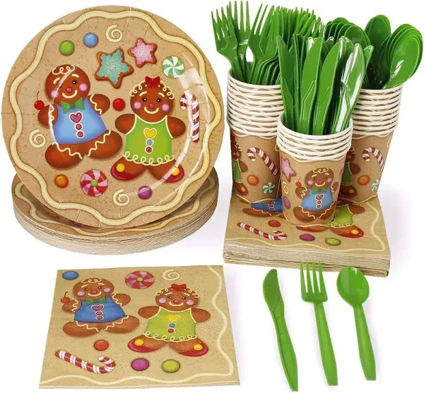 Juvale 144 Piece Gingerbread Paper Plates, Napkins, Cups, Cutlery for Christmas Party