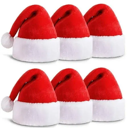 6 Pack Plush Santa Hat Confortable Velvet Red Christmas Hat for Christmas Party Favors Fit for Adults and Kids