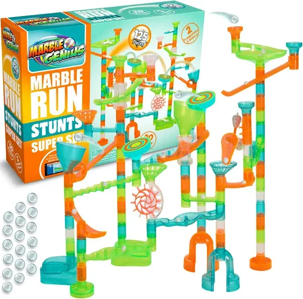 Marble Genius Marble Run Stunts Super Set: 125 Pieces Total, 20 Action Pieces Including 2 New Trampolines