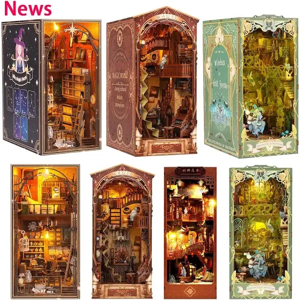 Miniature Dollhouse DIY Kit 3D Puzzle Bookend LED Light Book Nook Shelf Insert