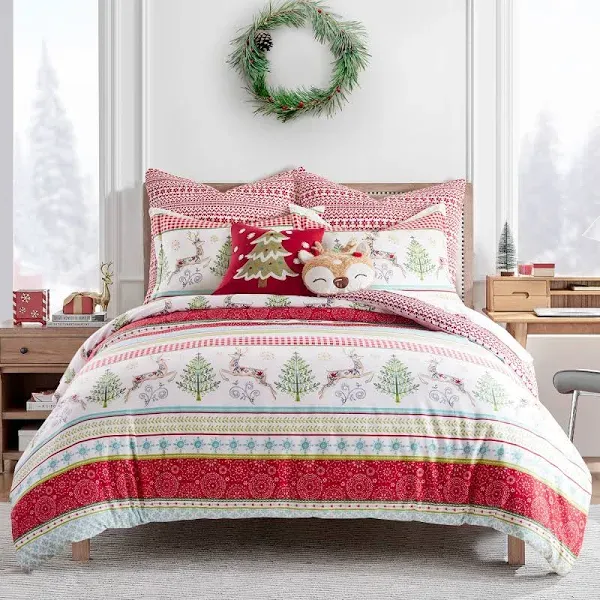 Merry & Bright by Levtex Home - Comet and Cupid Quilt - King - Holiday Deer and Christmas Trees - Red Green White Teal - Quilt (102x86in.) - Reversible - Microfiber