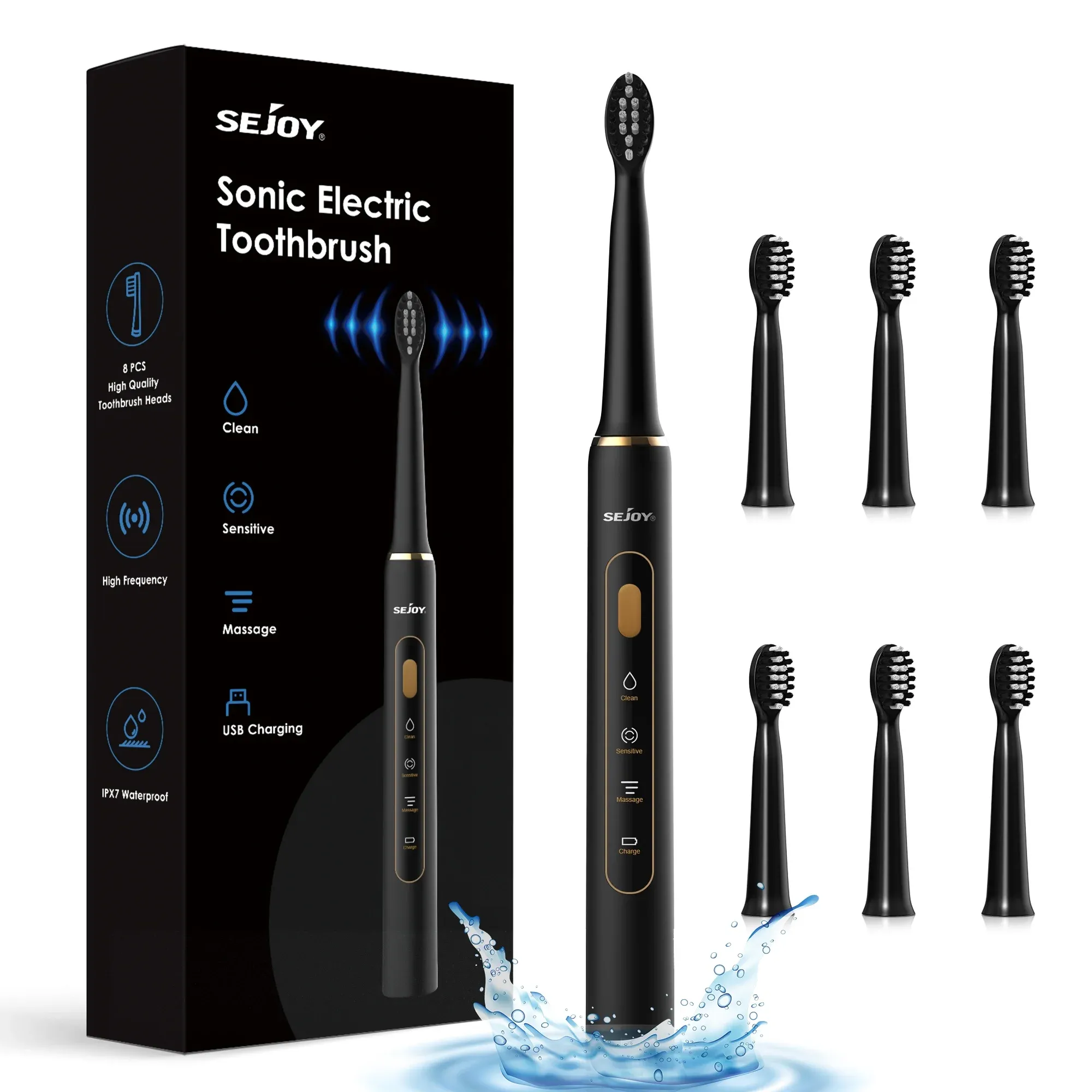 Sejoy Rechargeable Toothbrush Electric with 7 Tooth Heads,for Adults and Kids,Power Sonic Tooth Brush Soft Cleaning,3 Modes ,Smart Timer for Home Trav