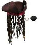 Nicky Bigs Novelties Child Buccaneer Caribbean Tricorn Pirate Hat Dreadlocks Hair Costume Cap Brown