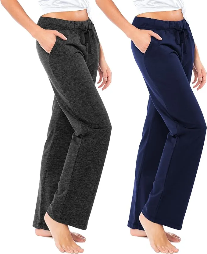 Sexy Basics Women's 2 Pack Ultra Soft French Terry Cotton Drawstring Yoga Lounge Long Pants